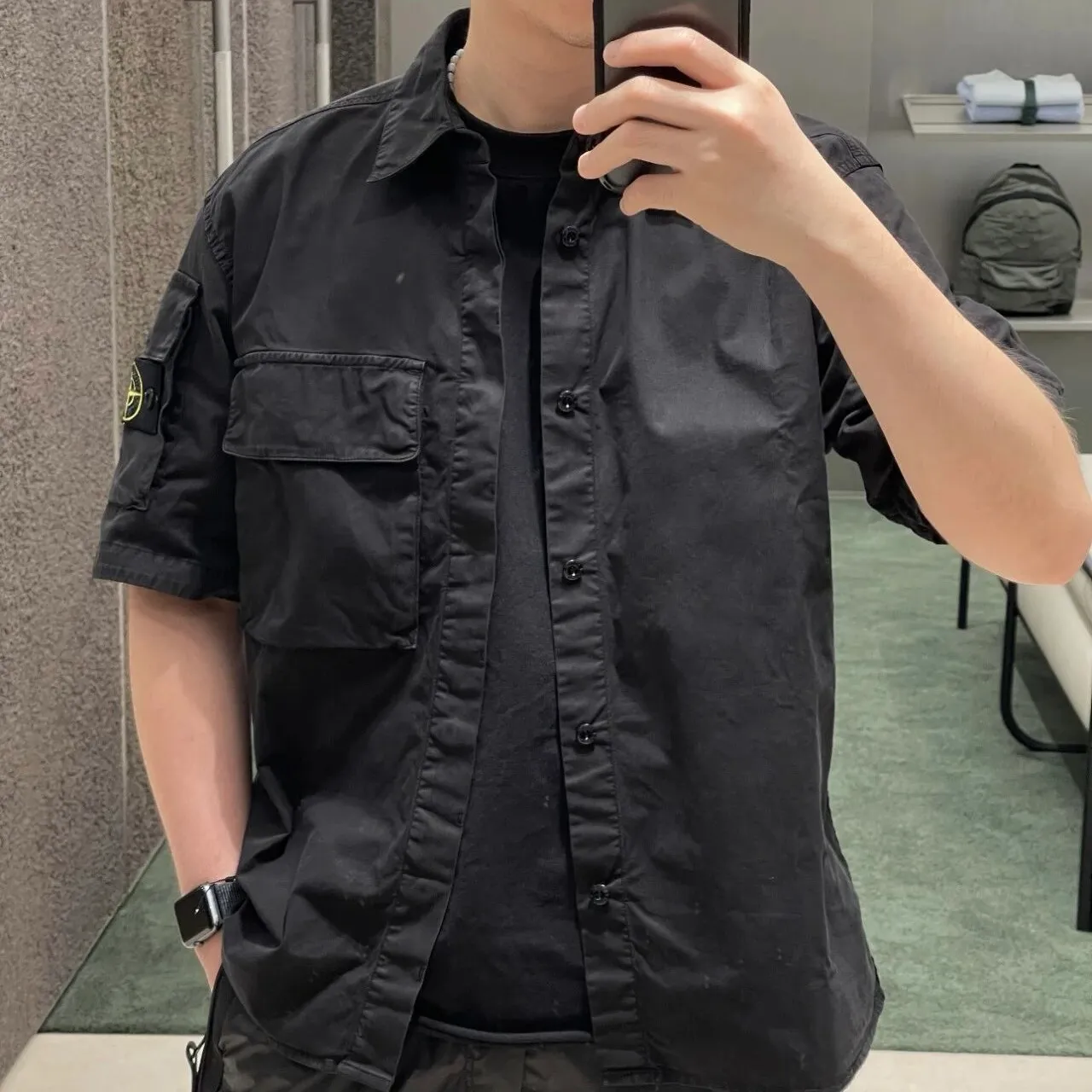 【現貨】STONE ISLAND 26SS 石頭島 純棉梭織袖章 工裝短袖襯衫T恤短袖夾克 黑色