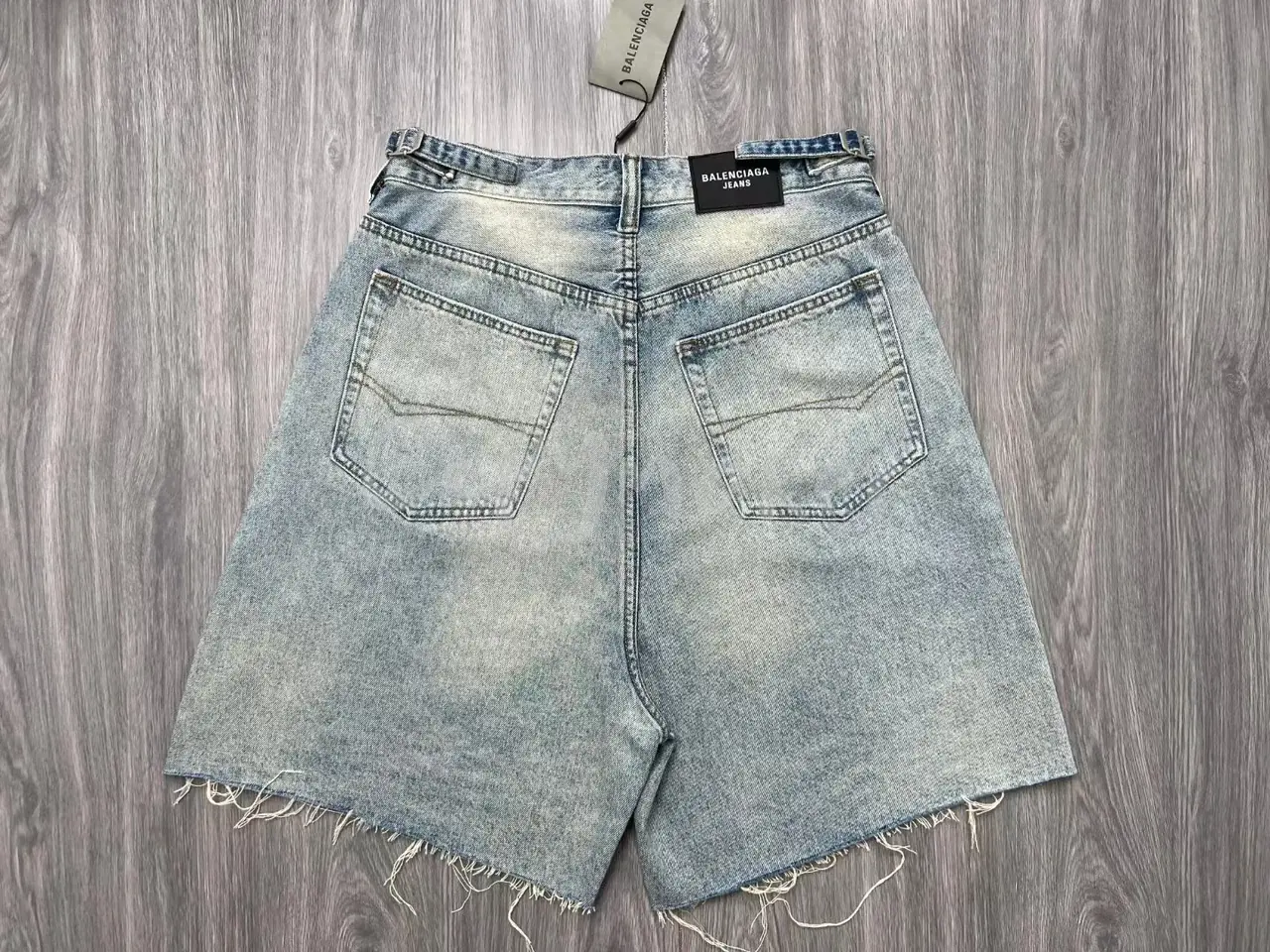 巴黎 BLC 23SS 條紋 水洗刷白 破壞流蘇 牛仔短褲 牛仔褲 休閒褲