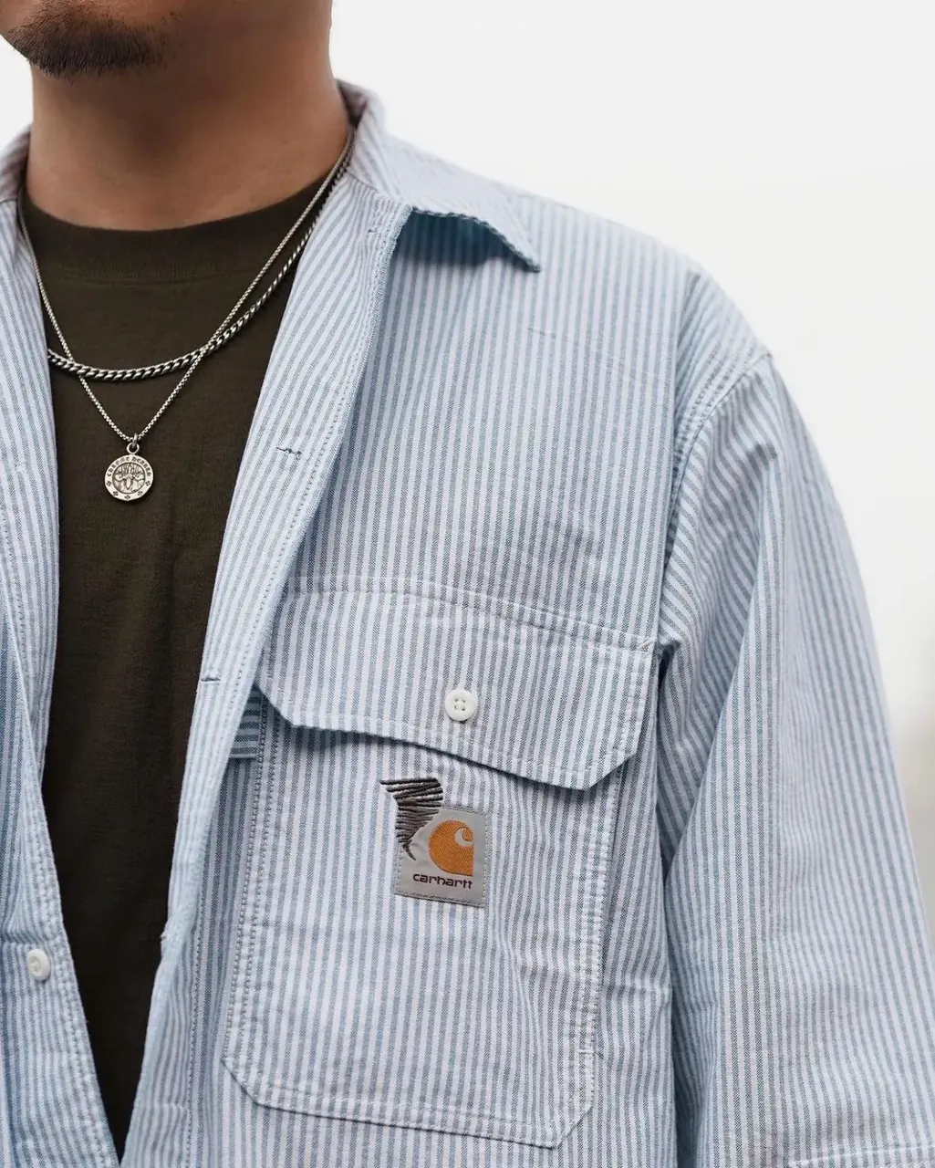 Carhartt WIP x INVINCIBLE 23SS 卡哈特 聯名 條紋復古口袋 襯衫薄夾克 藍色
