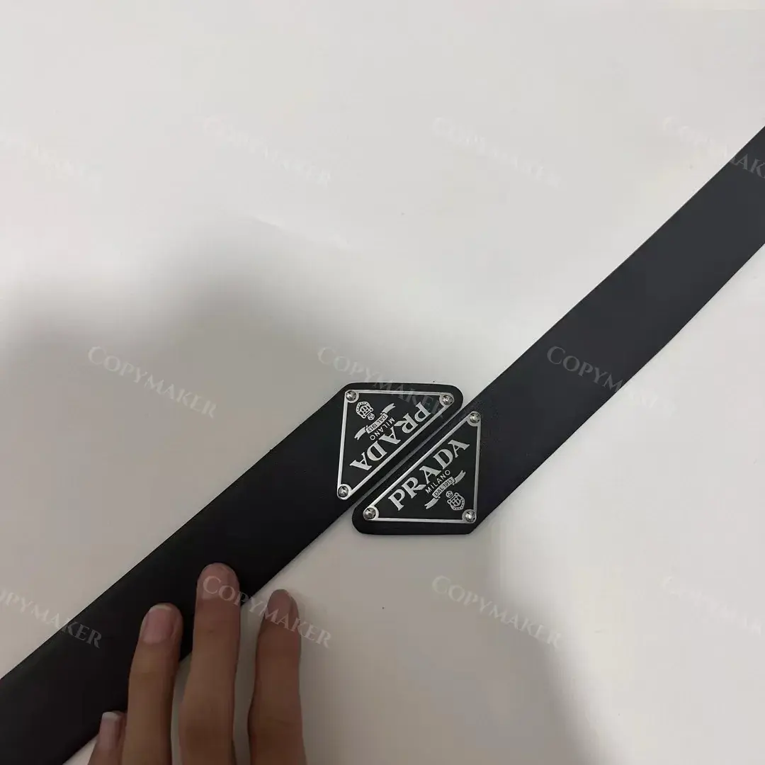 PRA 22FW 三角標 頭層牛皮 鍍銀鈀金 皮帶腰帶