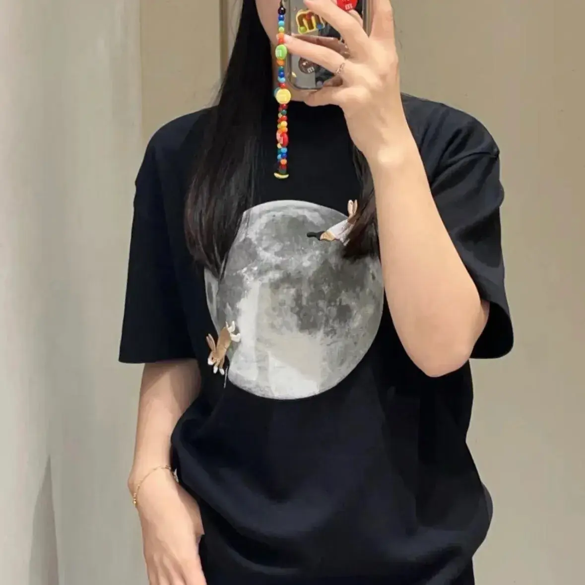 【現貨】【全套包裝】LOWE x Suna Fujita 25SS 聯名 兔子月兔滿月刺繡 短袖T恤 黑色