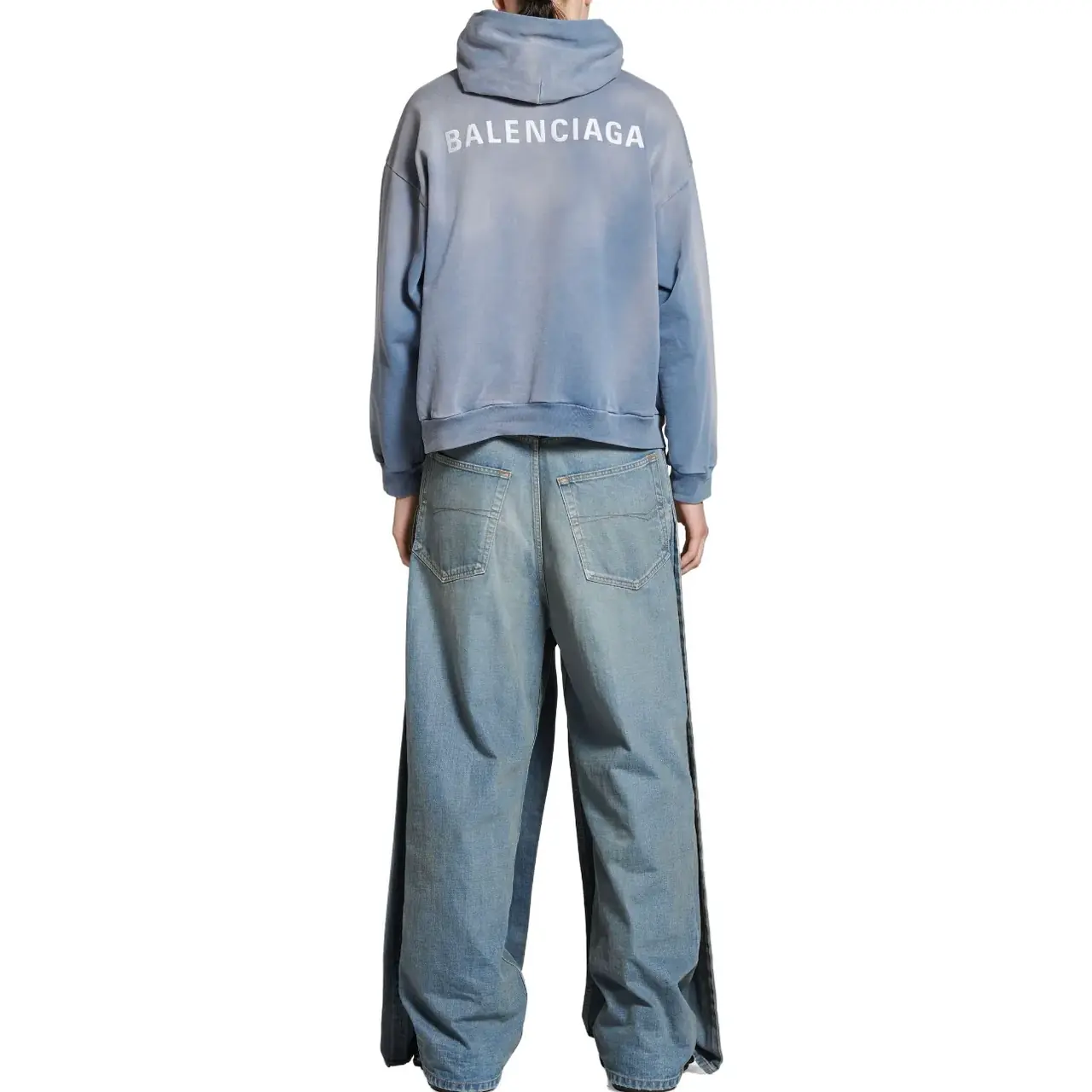 巴黎 BLC 23FW 經典logo 水洗做舊褪色 漸變漸層霧霾藍 帽T連帽衛衣帽衫