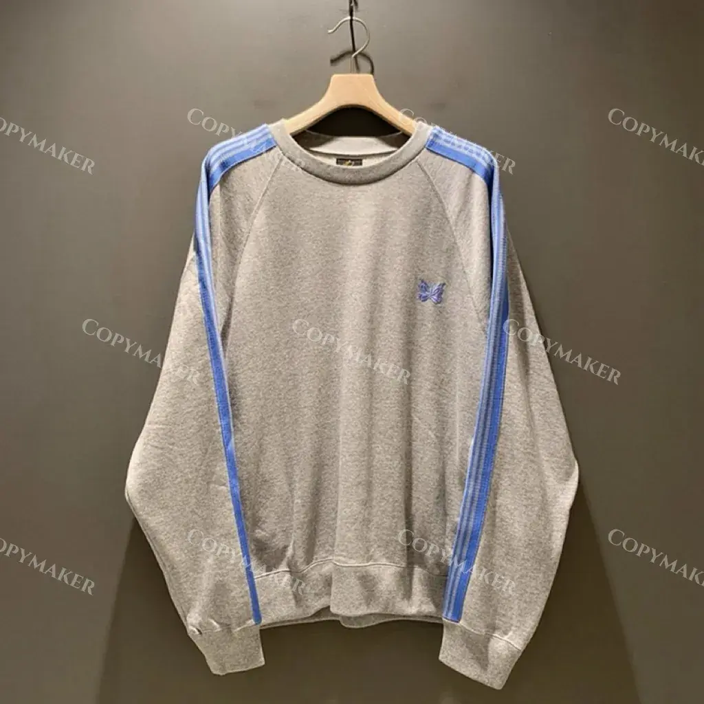Needles x BEAMS 20FW 蝴蝶刺繡 復古織帶 大學T圓領衛衣長袖 灰拼接藍色