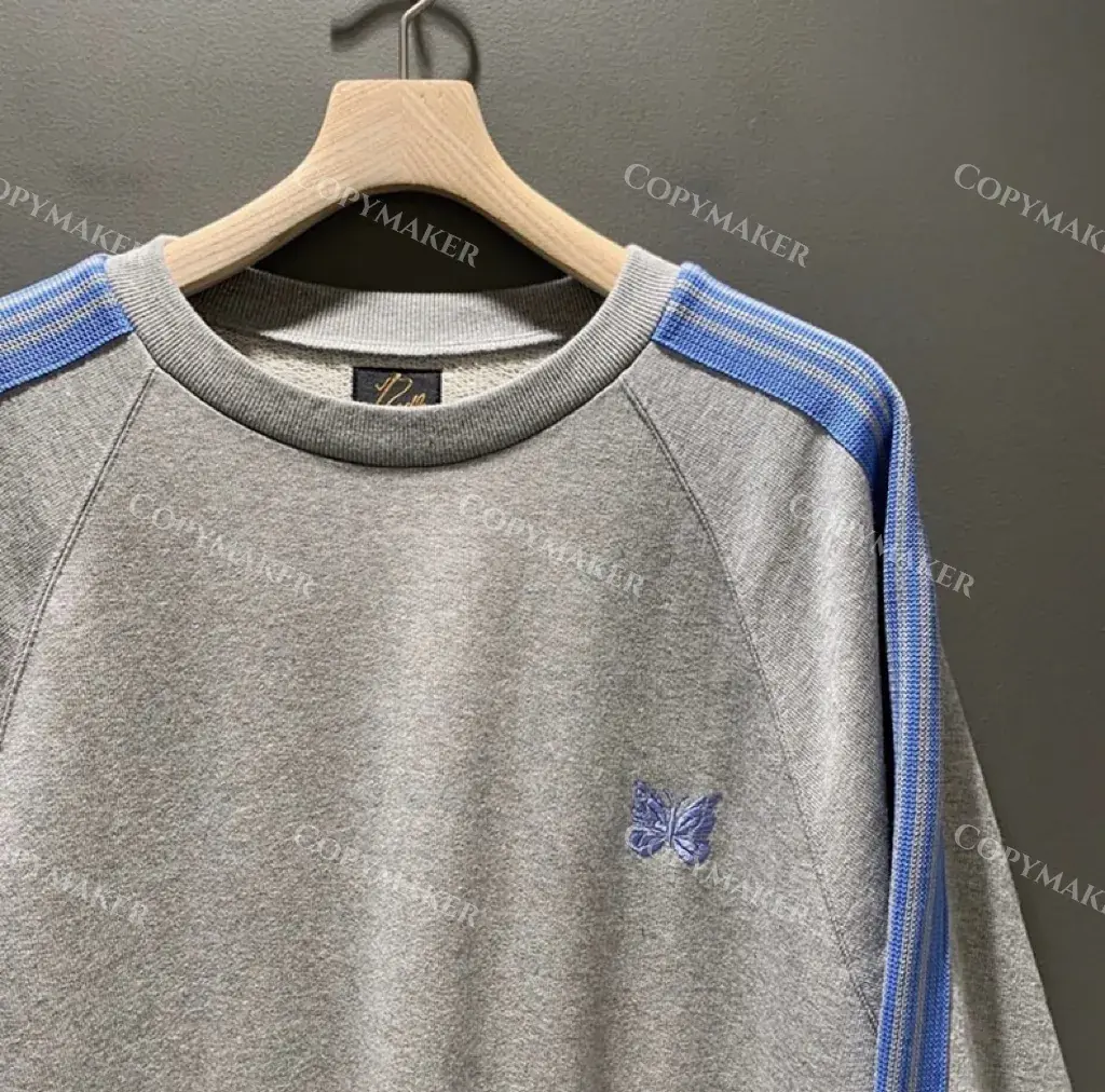 Needles x BEAMS 20FW 蝴蝶刺繡 復古織帶 大學T圓領衛衣長袖 灰拼接藍色