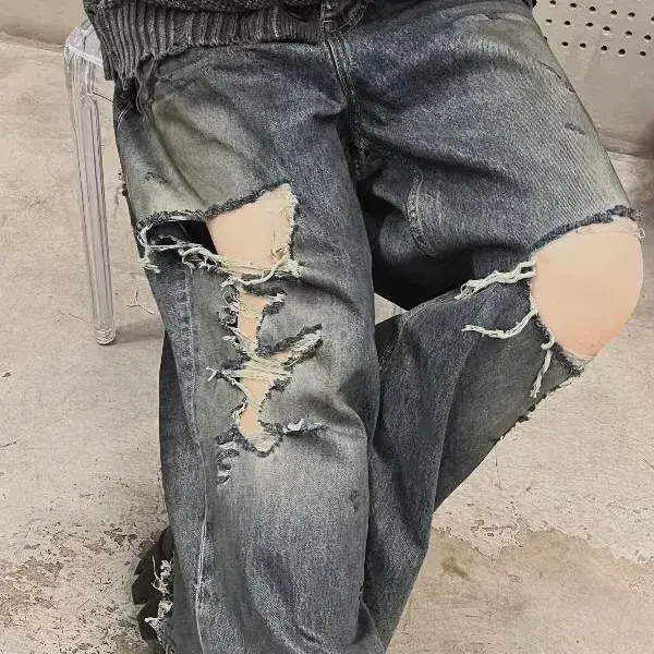 巴黎 BLC 23FW Baggy 水洗糜爛破洞大破壞泥染 丹寧牛仔褲 直筒褲 長褲