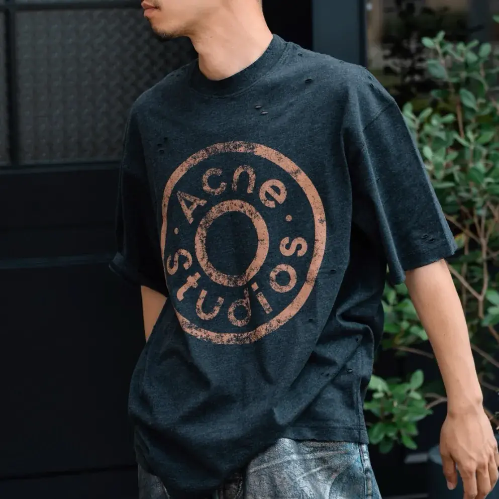 【現貨】Acne Studios 24FW 水洗做舊破壞 大logo 純棉短袖T恤 黑灰色