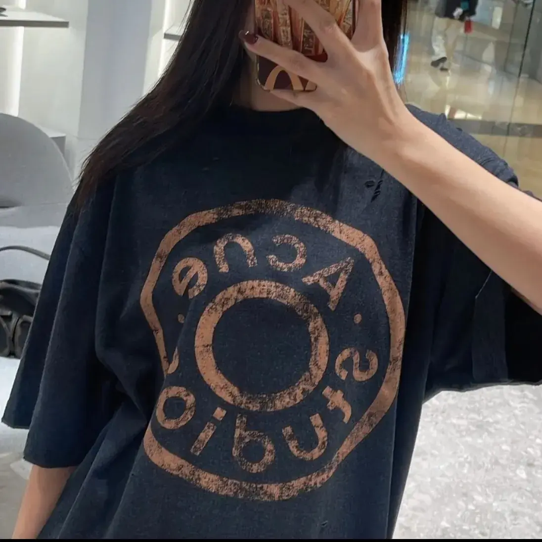 【現貨】Acne Studios 24FW 水洗做舊破壞 大logo 純棉短袖T恤 黑灰色