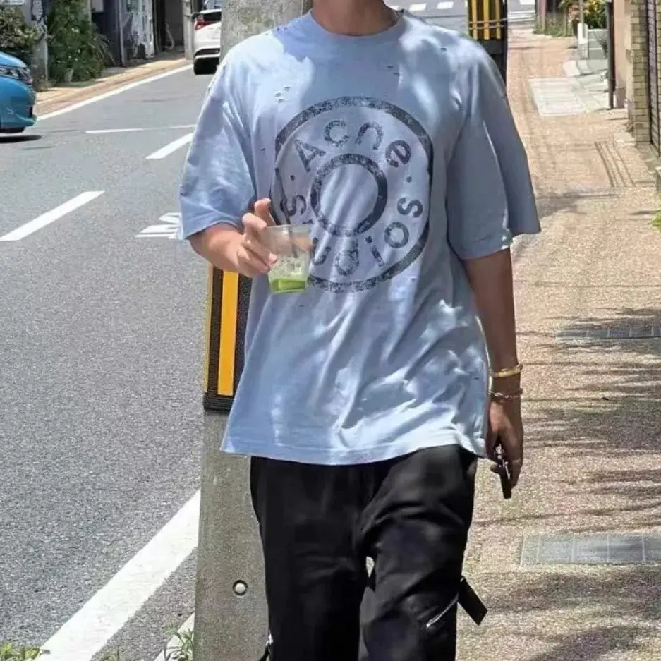 【預售】Acne Studios 24FW 水洗做舊破壞 大logo 純棉短袖T恤 天藍淺藍