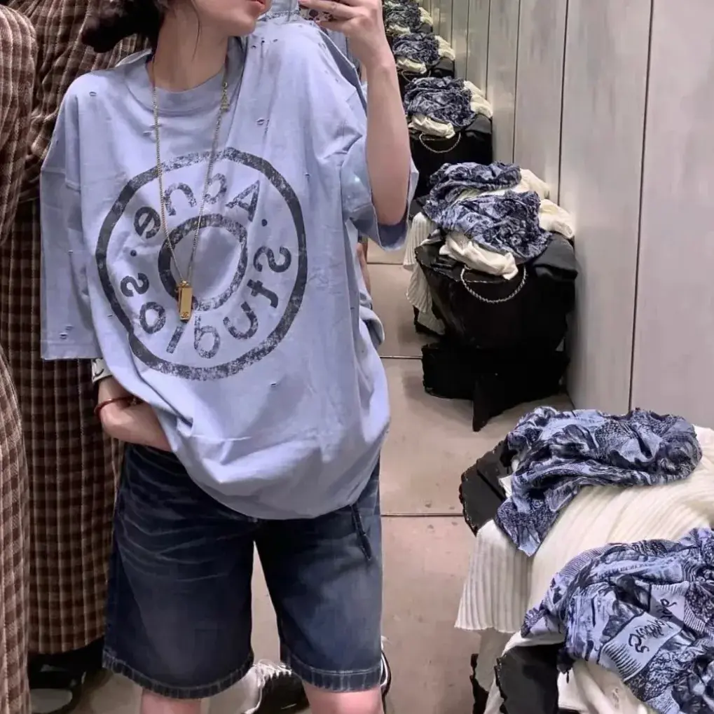 【預售】Acne Studios 24FW 水洗做舊破壞 大logo 純棉短袖T恤 天藍淺藍