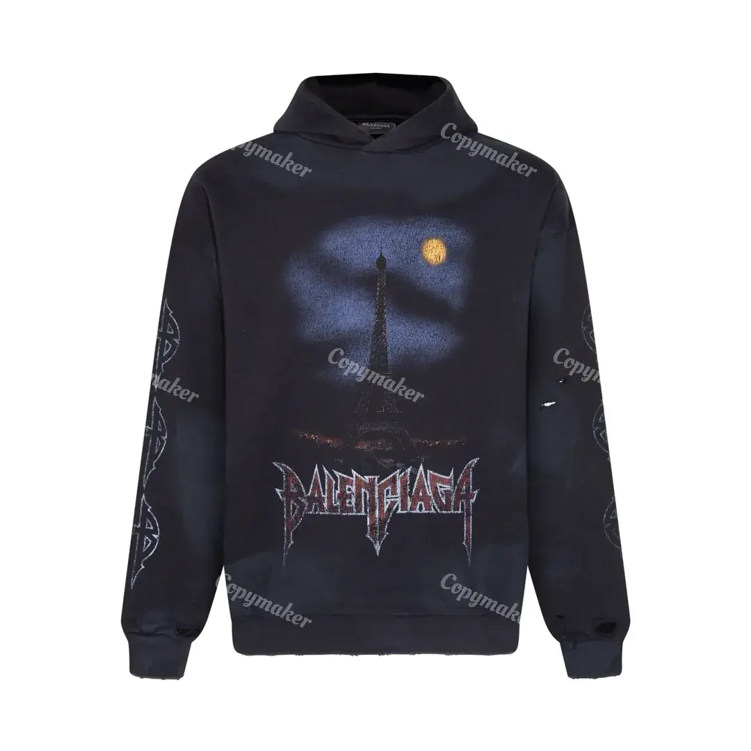 巴黎 BLC 23FW Paris Moon Crinkled Fleece Hoodie 顛倒鐵塔做舊破洞 帽T連帽衛衣