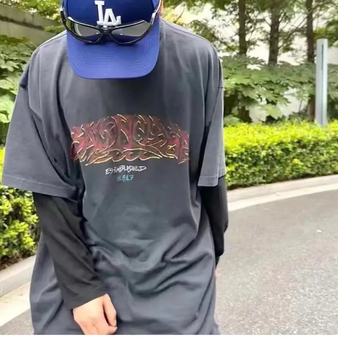 巴黎 BLC 24SS 秀場膠囊限定款 水洗做舊字母 雙面印花 短袖T恤 灰藍