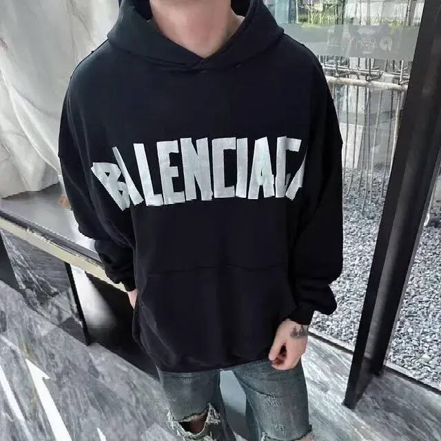 【現貨】巴黎 BLC 24FW 秀款 膠帶 繃帶logo 水洗做舊 帽T連帽衛衣帽衫 黑色