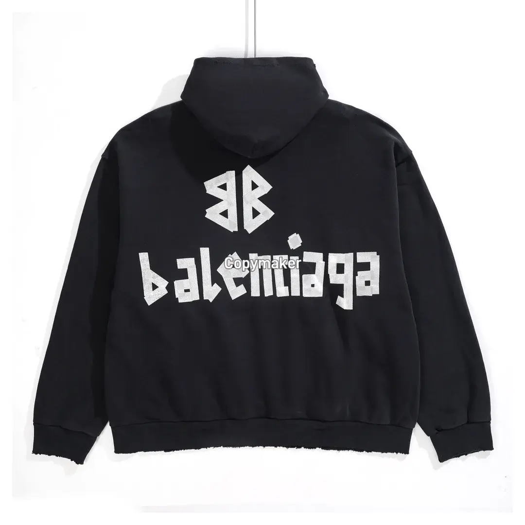 【現貨】巴黎 BLC 24FW 秀款 膠帶 繃帶logo 水洗做舊 帽T連帽衛衣帽衫 黑色
