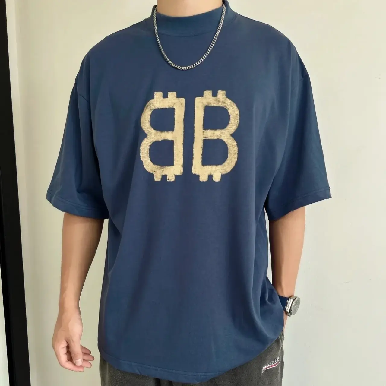 【現貨】巴黎 BLC 24SS 雙B 比特幣 水洗作舊破壞 短袖 T恤 藍灰色