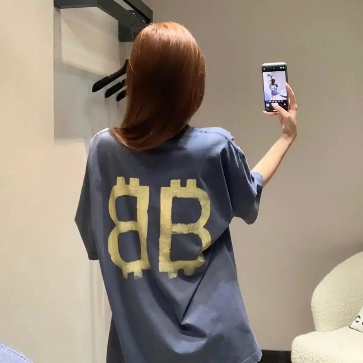 【現貨】巴黎 BLC 24SS 雙B 比特幣 水洗作舊破壞 短袖 T恤 藍灰色