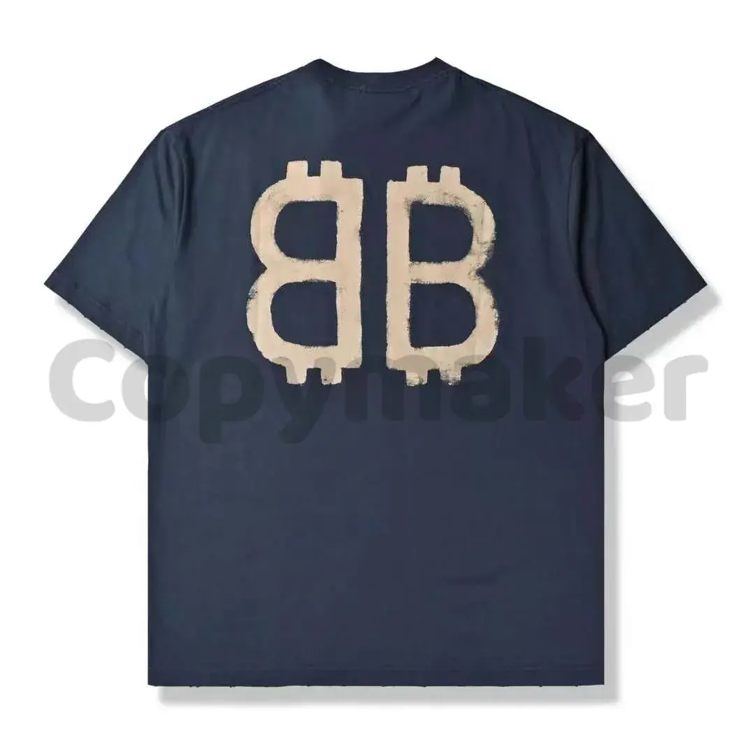 【現貨】巴黎 BLC 24SS 雙B 比特幣 水洗作舊破壞 短袖 T恤 藍灰色