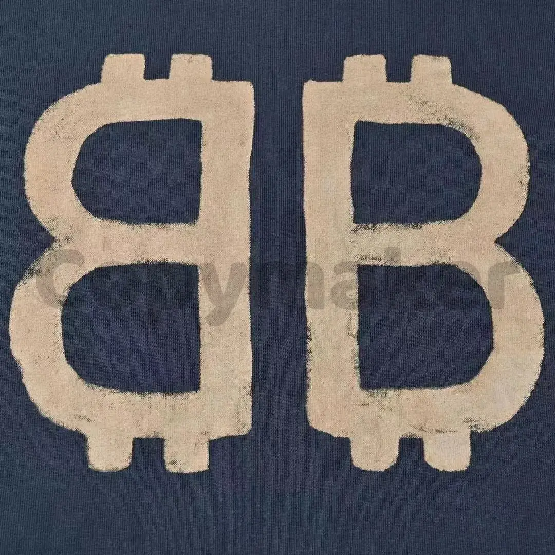 【現貨】巴黎 BLC 24SS 雙B 比特幣 水洗作舊破壞 短袖 T恤 藍灰色