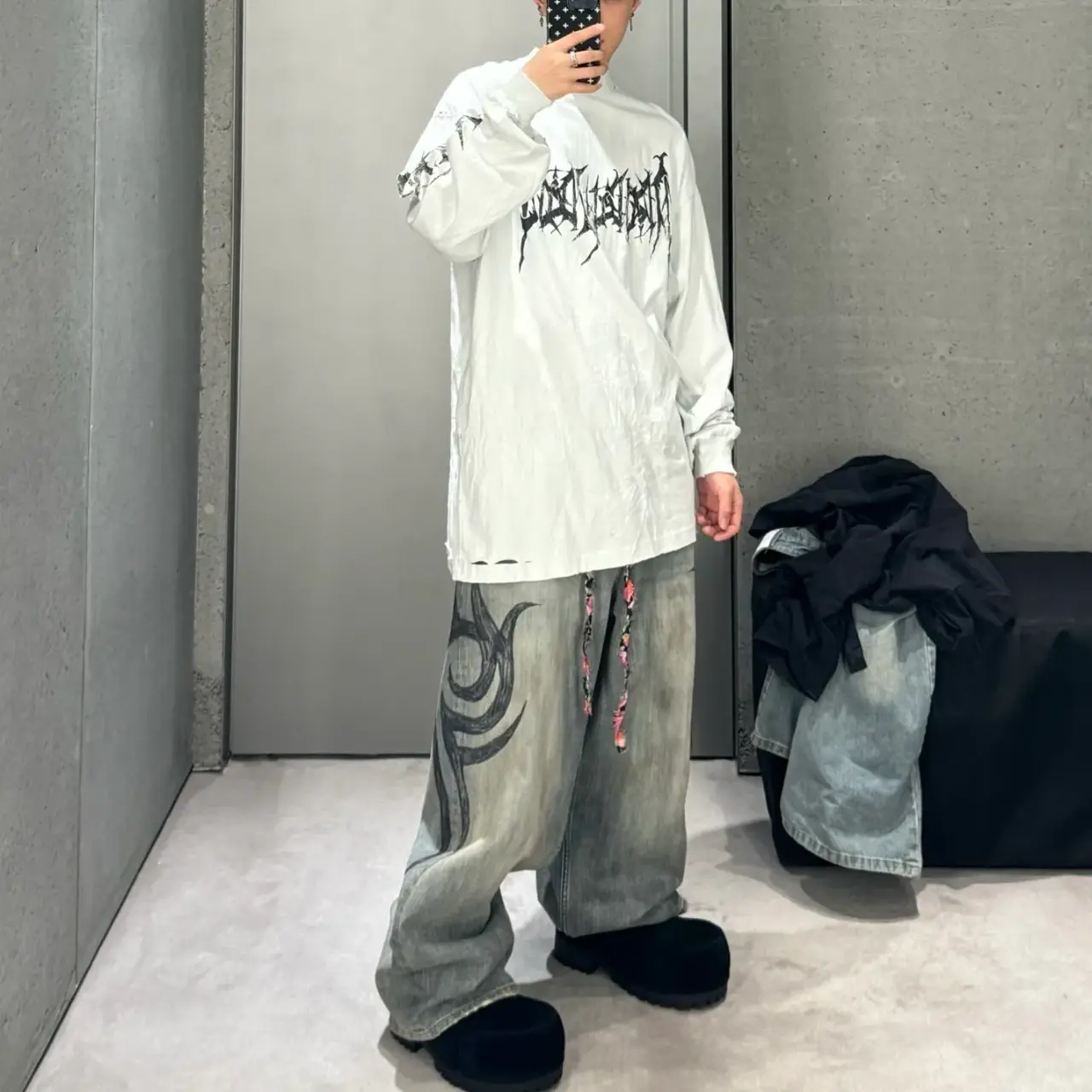 【現貨】巴黎 BLC 24FW 秀款 Baggy Pants 圖騰龍紋抽繩 泥染 廓型牛仔褲直筒褲長褲